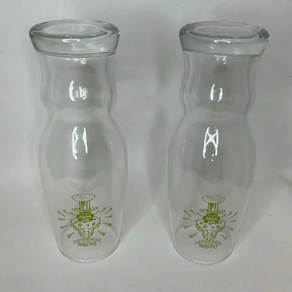 Craft Haus Beer Bomb Glasses 16 Oz Set Of 2 Clear Green Writing 7 1/2 Tall